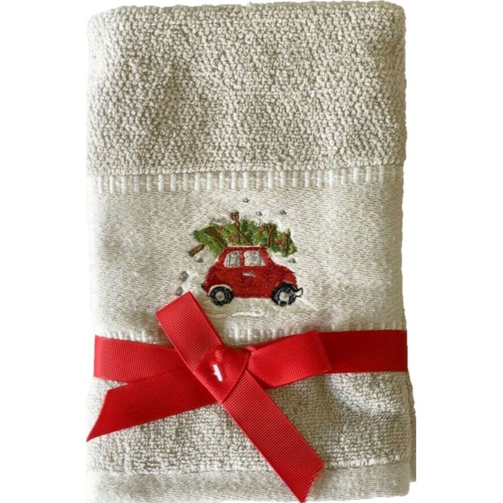 Caro Christmas Tree Fingertip Towels Red Car Embroidered Gray Guestroom Set of 2